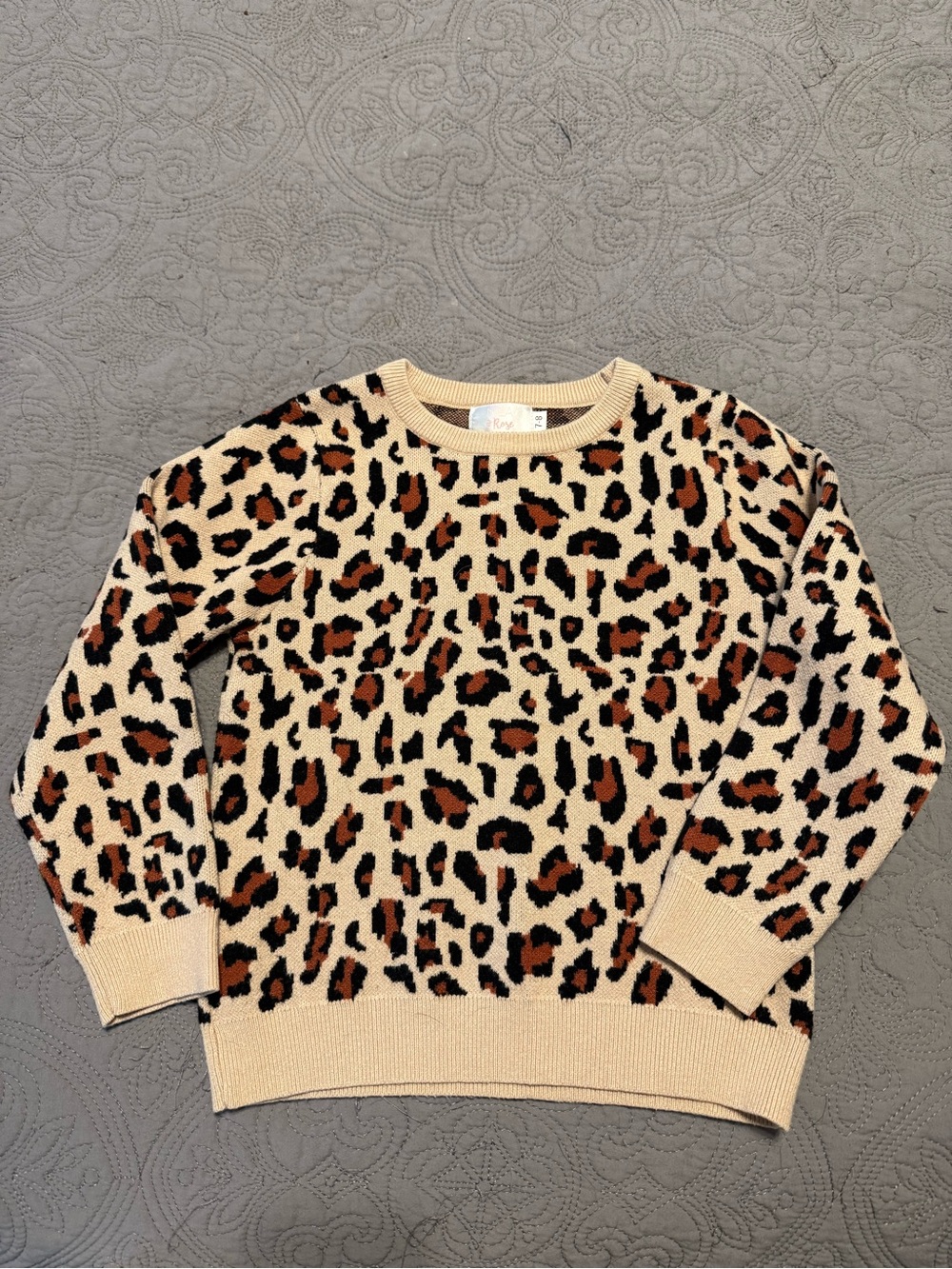 Girls' Leopard Print Crewneck Sweater - Cream, Brown & Black